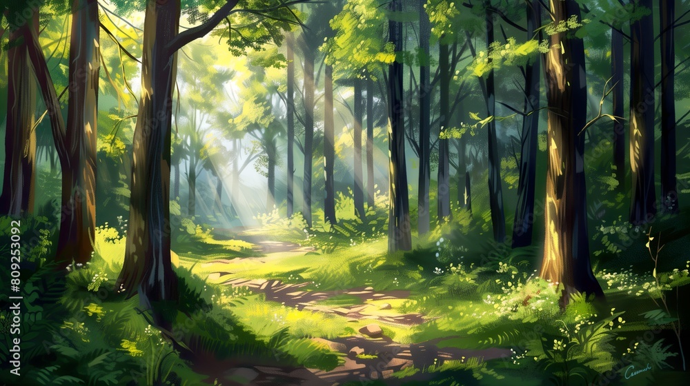 A serene forest with sunlight streaming through the trees, casting dappled shadows on the ground