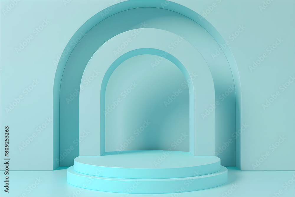 Abstract 3d blue room with marble cylinder pedestal. Ultra minimalistic cosmetic background. Podium for product display. Stage for product presentation.	