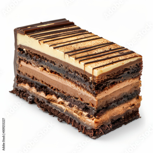 A decadent opera cake slice with visible layers, isolated on a white background 