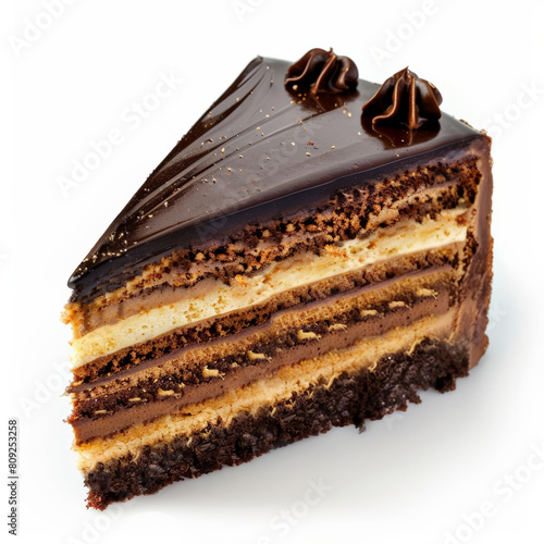 A decadent opera cake slice with visible layers, isolated on a white background 