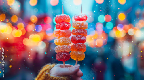 A hand holding a colorful gummy candy kabobs against a vibrant backdrop of festive bokeh lights. Good for culinary and travel blogs . photo