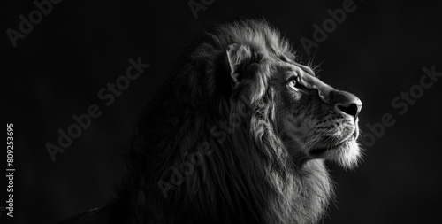 Portrait of lion in black and white on dark background, animal wallpaper, banner with copy space area for text or message, wildlife photography 