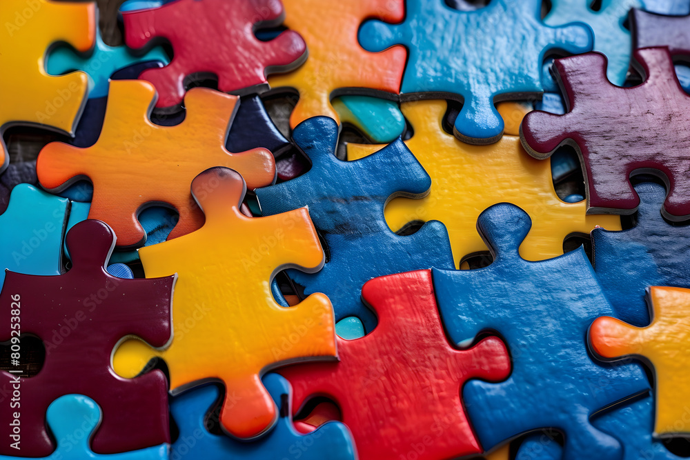 Colorful interlocking puzzle pieces scattered on a surface, depicting leisure, challenge and problem-solving concepts. Colorful interlocking puzzle pieces scattered on a surface, depicting leisure, challenge and problem-solving concepts.