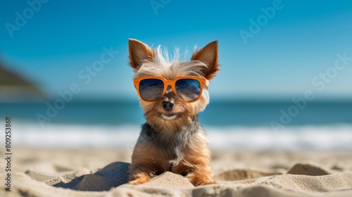 Small Dog With Fashionable Eyewear On Seaside Vacation. Generative AI