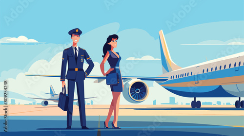 Pilot captain and stewardess airplane crew standing