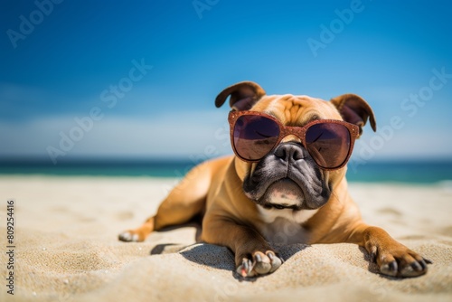 Relaxed Bulldog Enjoying A Sunny Day At The Beach With Stylish Sunglasses. Generative AI © Svetlana