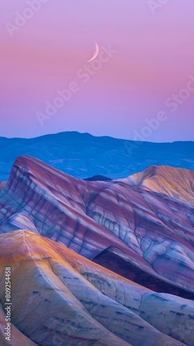 Colorful striped hills under a crescent moon at dusk