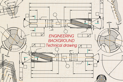 Mechanical engineering drawings on sepia background. Tap tools, borer. Technical Design. Cover. Blueprint. Vector illustration.