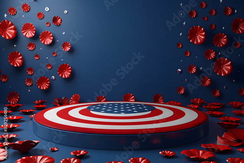American Flag and fireworks mockup podium background with copy space . 4 July independence day concept celebration happy hours and sales.