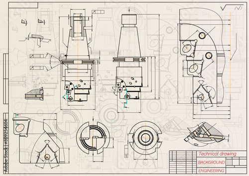 Mechanical engineering drawings on sepia background. Tap tools, borer. Technical Design. Cover. Blueprint. Vector illustration.