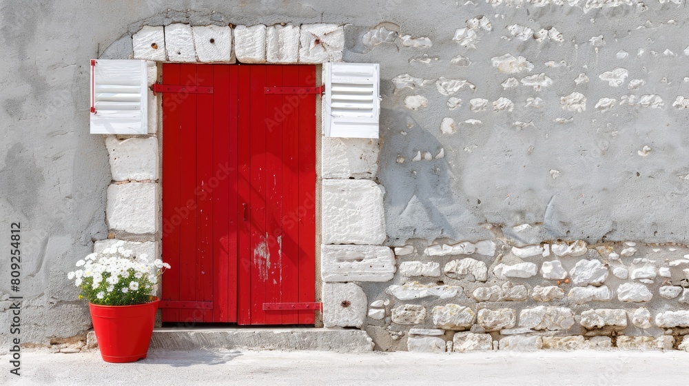 red window shutters adorning a stone house, accompanied by a potted