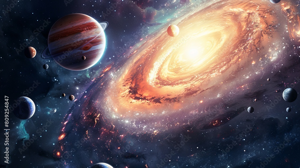 Planets of the solar system against the background of a spiral galaxy in space. national asteroid day Planets of the solar system against the background of a spiral galaxy in space. national asteroid day