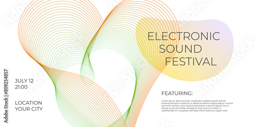 Electronic music festival party horizontal banner with colorful abstract linear gradient and liquid wave shape. Futuristic electro sound fest club flyer design template. Digital dance cover. Eps