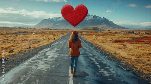  A woman strolls along a path, clutching a red heart-shaped balloon atop her head photo