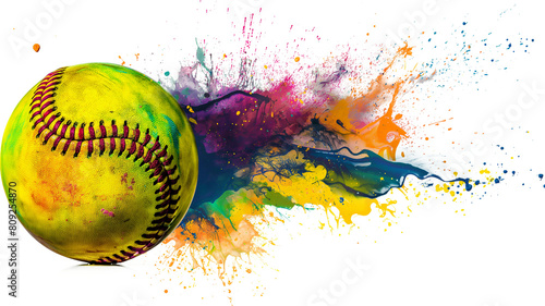 Colorful Softball with Vibrant Paint Splashes isolated on a transparent background