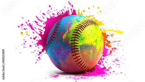 Colorful Softball with Vibrant Paint Splashes isolated on a transparent background
