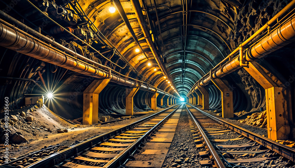 Large empty mining company tunnel. Generative AI Large empty mining company tunnel. Generative AI