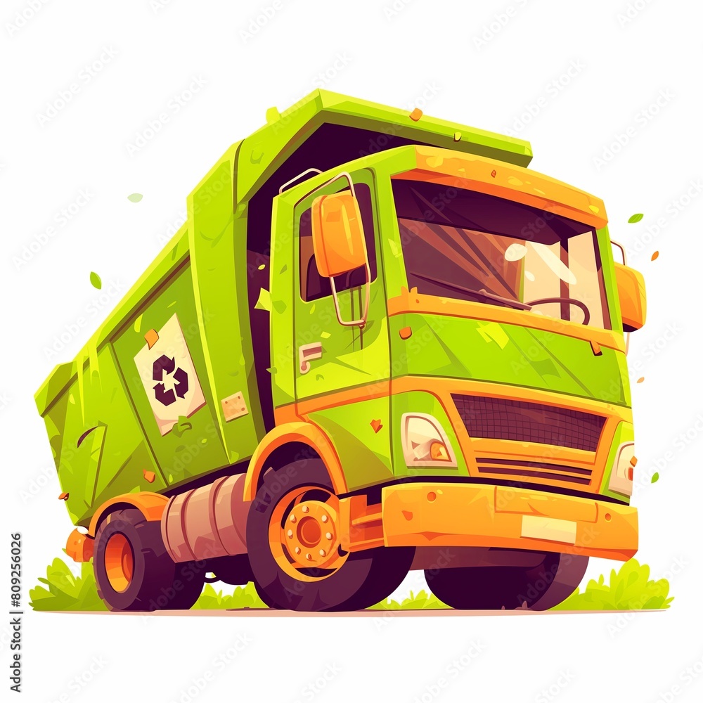 Fototapeta premium Environmentally themed green cartoon recycling truck, perfect for teaching kids about recycling and conservation in a fun way