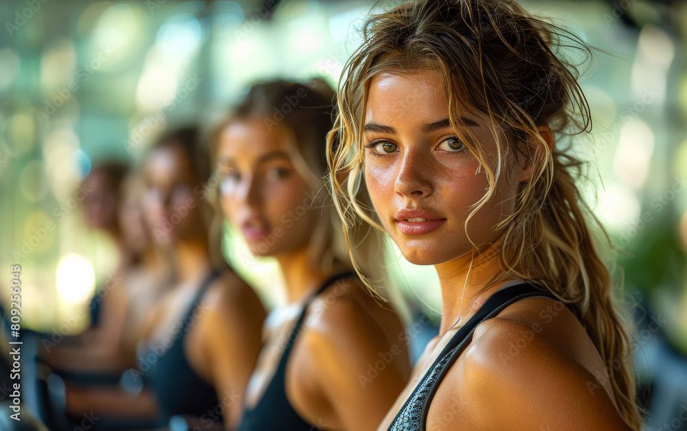 Portrait of beautiful fit young woman smiling while exercising on exercise bike in gym. Portrait of beautiful fit young woman smiling while exercising on exercise bike in gym.