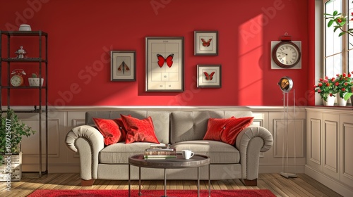 a red and white colored living room interior, featuring a sleek grey sofa, adorned with a movie clapperboard displayed on a shelf, and complemented by stylish wall art decorations.