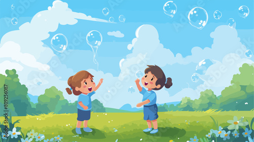 Playing soap bubbles topic of banner or poster flat
