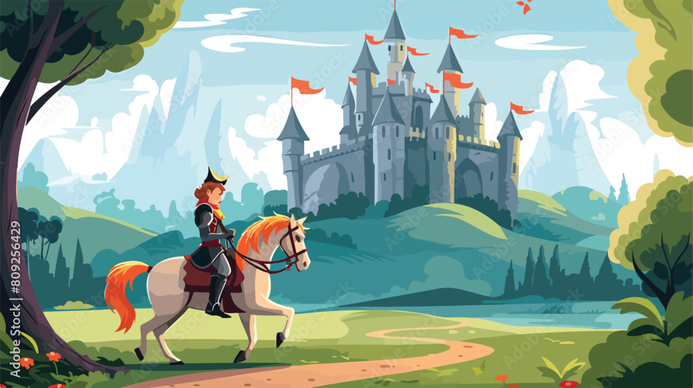 Prince knight rides horse to medieval castle vector