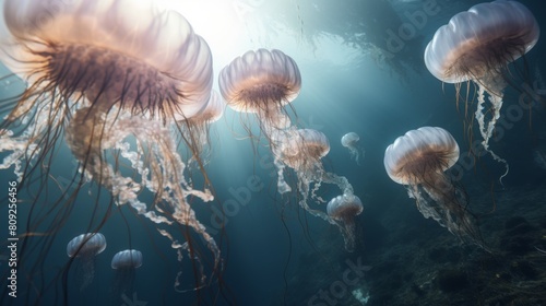 Majestic Jellyfish Gliding Gracefully In The Depths Of The Ocean. Generative AI