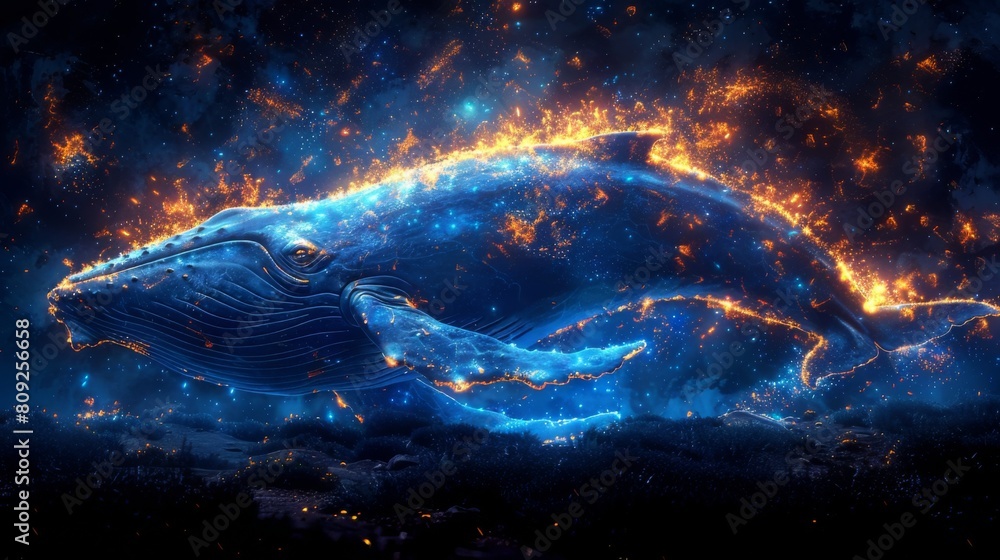 Illuminated cosmic whale in a starry night sky