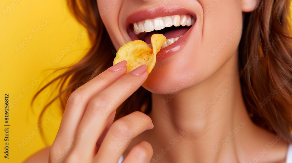 ポテトチップスを食べる女性の口元 黄色背景 ポテトチップスを食べる女性の口元 黄色背景