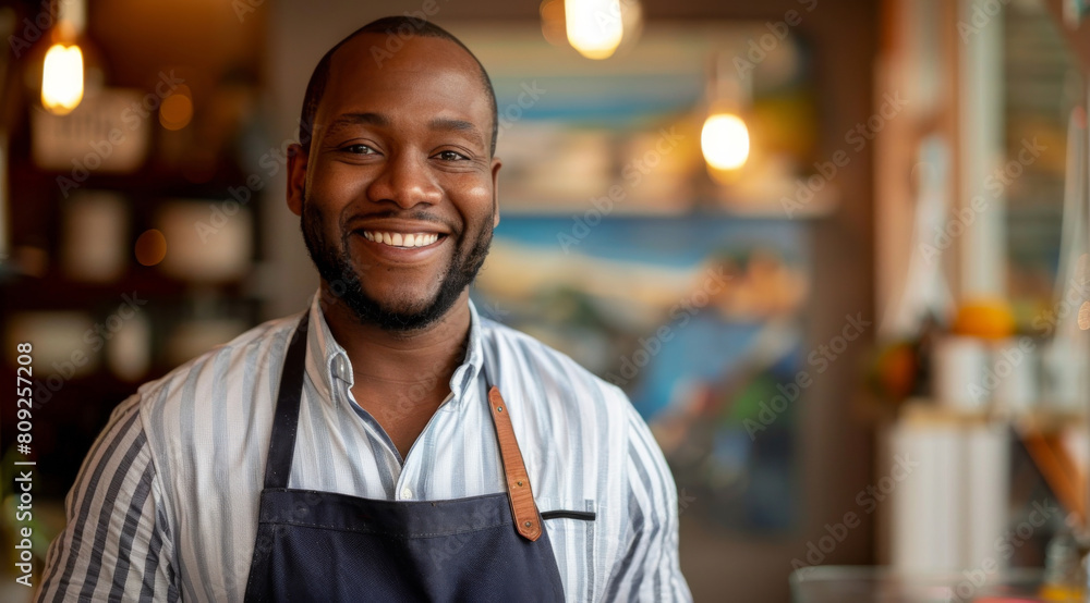 Fototapeta premium Black man, portrait and happy in coffee shop for business, customer and hospitality. Barista, smile and new owner in cafe store or restaurant for entrepreneurship, startup and excellence in job