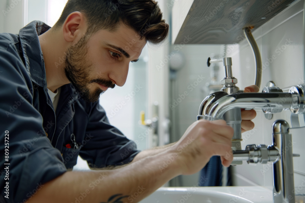Male plumber works in a bathroom. Plumbing repair service, assemble and install concept Male plumber works in a bathroom. Plumbing repair service, assemble and install concept