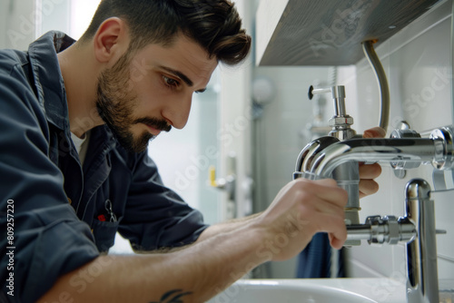 Male plumber works in a bathroom. Plumbing repair service  assemble and install concept