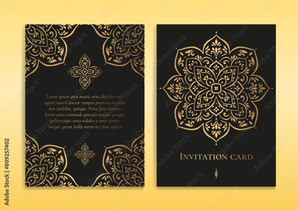 Black and gold luxury invitation card design with vector mandala ...