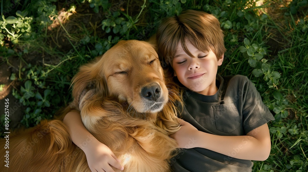 Young Boy and His Golden Retriever Enjoying a Peaceful Moment on Green Grass