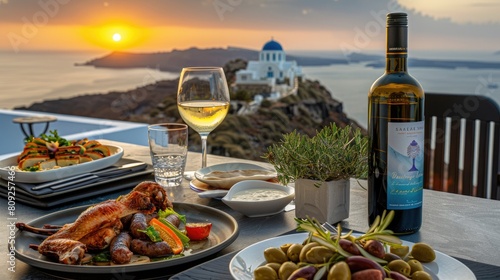 Fototapeta Naklejka Na Ścianę i Meble -  a meal set against the breathtaking backdrop, featuring wine, olive oil, and olives adorning the table, creating a scene of Mediterranean charm and allure.