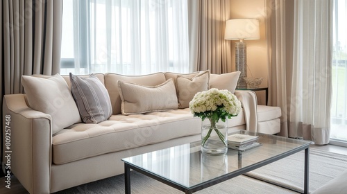 Elegant and Modern Living Room Featuring Plush Beige Sofa and Stylish Decor