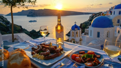a meal set against the breathtaking backdrop, featuring wine, olive oil, and olives adorning the table, creating a scene of Mediterranean charm and allure.
