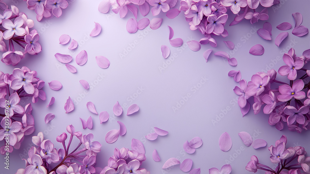 Beautiful purple lilac flowers background. Copy space blue and violet seasonal wallpaper with tiny spring flowers of lilacs in bloom.