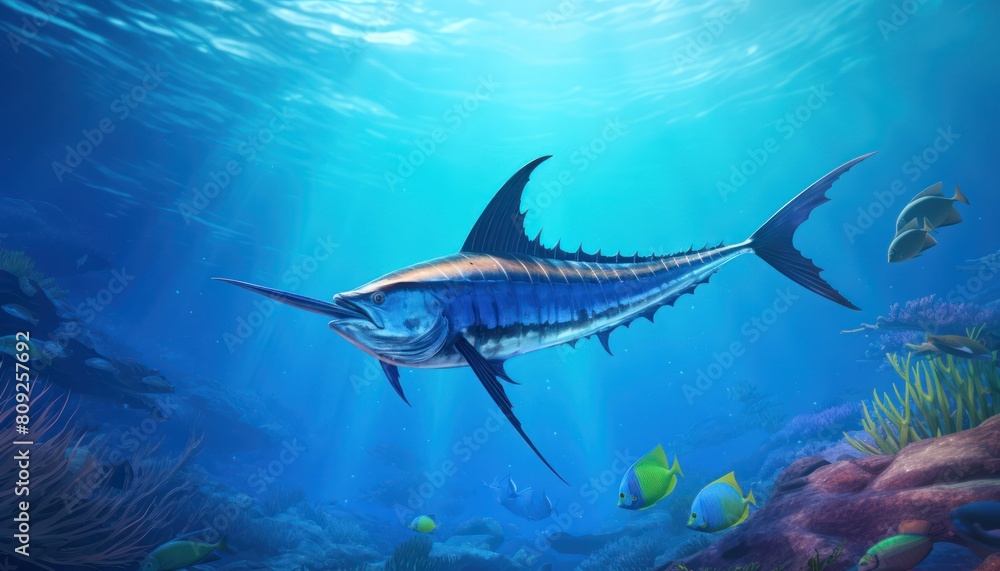 Giant Marlin fish in the ocean, beautiful view of marlin fish in the blue ocean Giant Marlin fish in the ocean, beautiful view of marlin fish in the blue ocean