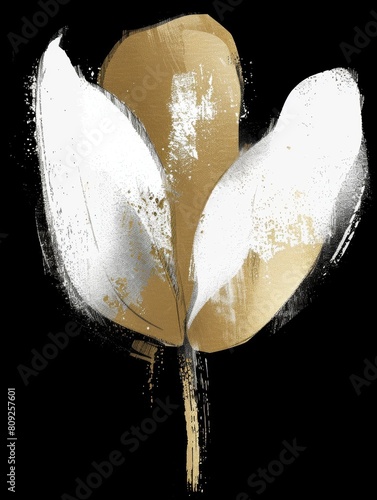 A white flower painted on a black background, contrasted beautifully in a golden frame