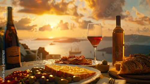 Fototapeta Naklejka Na Ścianę i Meble -  a meal set against the breathtaking backdrop, featuring wine, olive oil, and olives adorning the table, creating a scene of Mediterranean charm and allure.