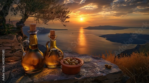 Fototapeta Naklejka Na Ścianę i Meble -  a meal set against the breathtaking backdrop, featuring wine, olive oil, and olives adorning the table, creating a scene of Mediterranean charm and allure.