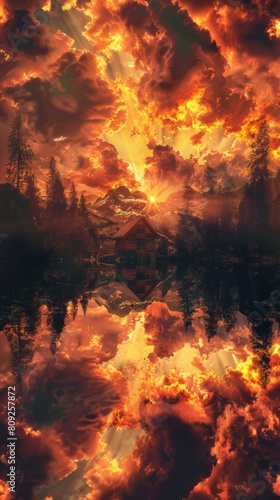 Fiery sunset over a serene lake and a cozy mountain cabin