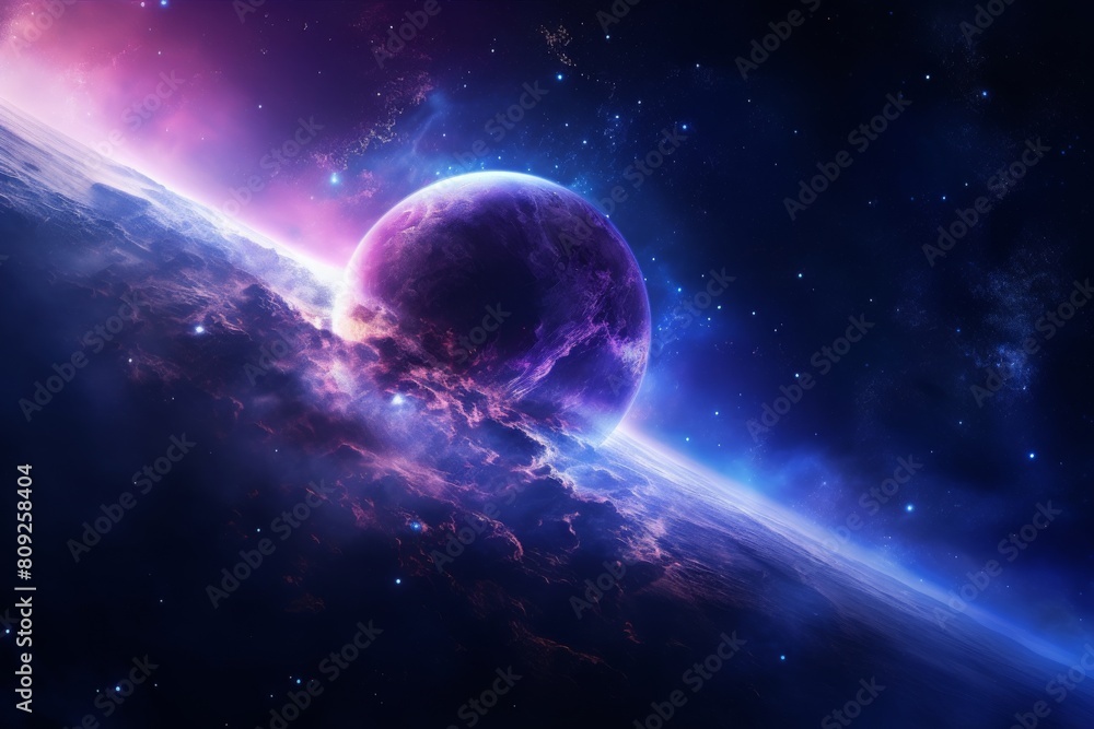 Celestial Beauty. Violet Planet Horizon Against the Starry Cosmos. Generative AI