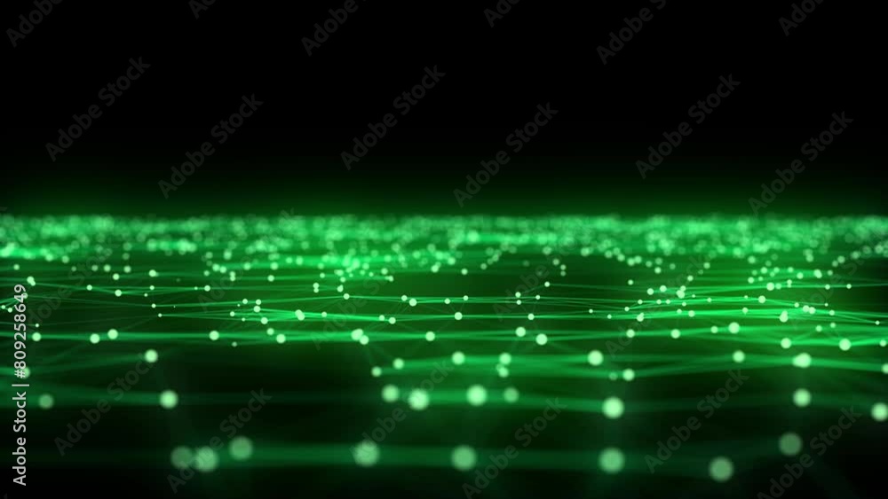 Abstract futuristic wave with moving dots. Flow of green particles and lines. Cyber technology illustration. Big data visualization. 3d rendering Abstract futuristic wave with moving dots. Flow of green particles and lines. Cyber technology illustration. Big data visualization. 3d rendering