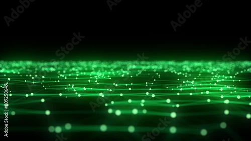 Abstract futuristic wave with moving dots. Flow of green particles and lines. Cyber technology illustration. Big data visualization. 3d rendering