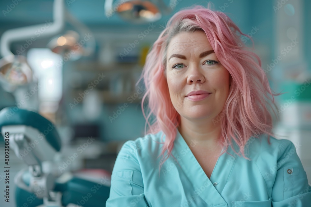 Fototapeta premium dental professional woman with pink hair in uniform
