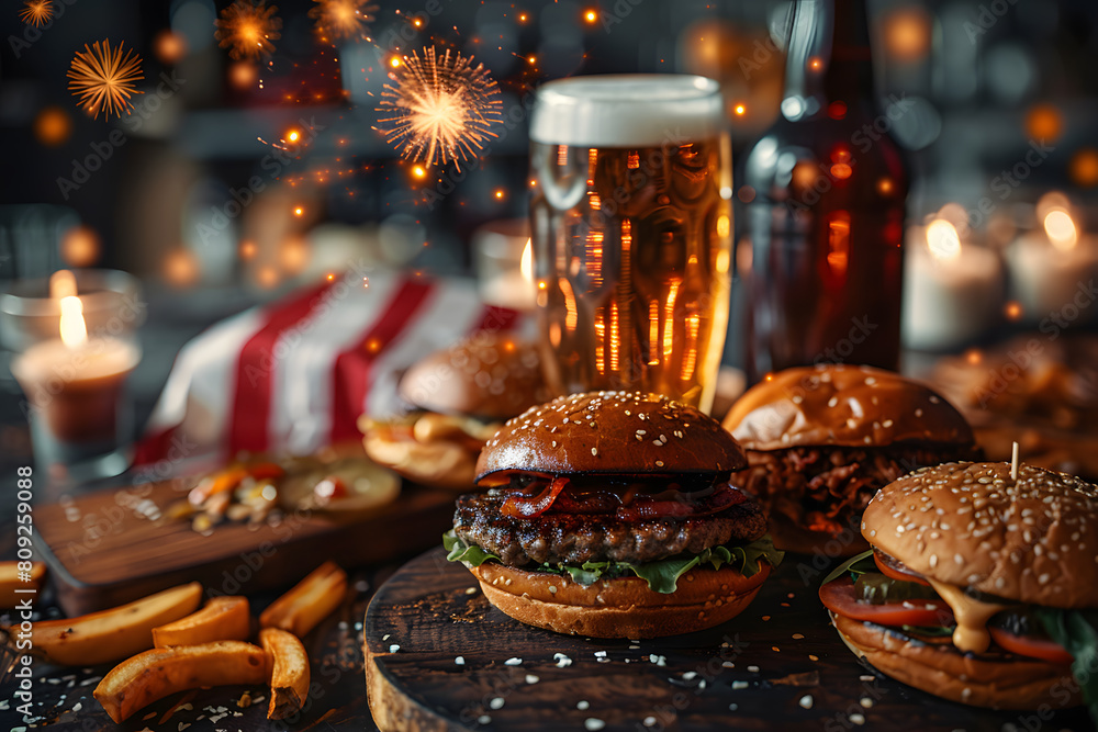 Burgers on a wooden board in pub, barbecue with American flag, beer and fireworks in the background. 4 July independence day celebration happy hours and sales. Burgers on a wooden board in pub, barbecue with American flag, beer and fireworks in the background. 4 July independence day celebration happy hours and sales.