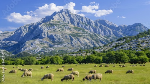 sheep peacefully grazing on a lush grassy meadow nestled near rugged rocky mountains, showcasing the harmonious coexistence of nature's contrasting elements.