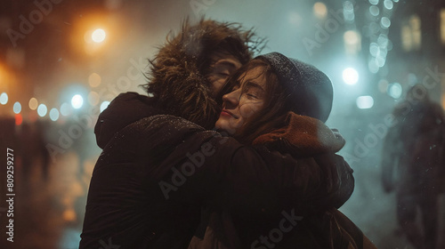 Couple Sharing a Warm Embrace on a Snowy Winter Night